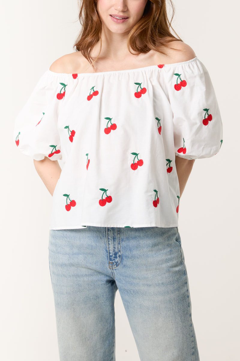 Embroidered Cherries Bardot Top
