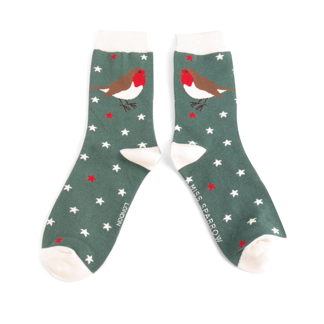 Green Festive Robin Bamboo Socks