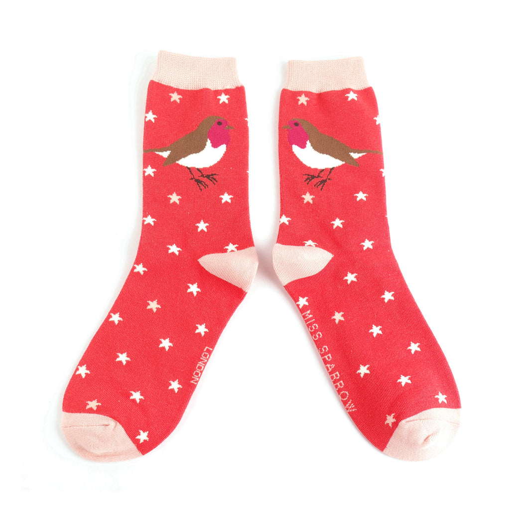 Red Festive Robin Bamboo Socks