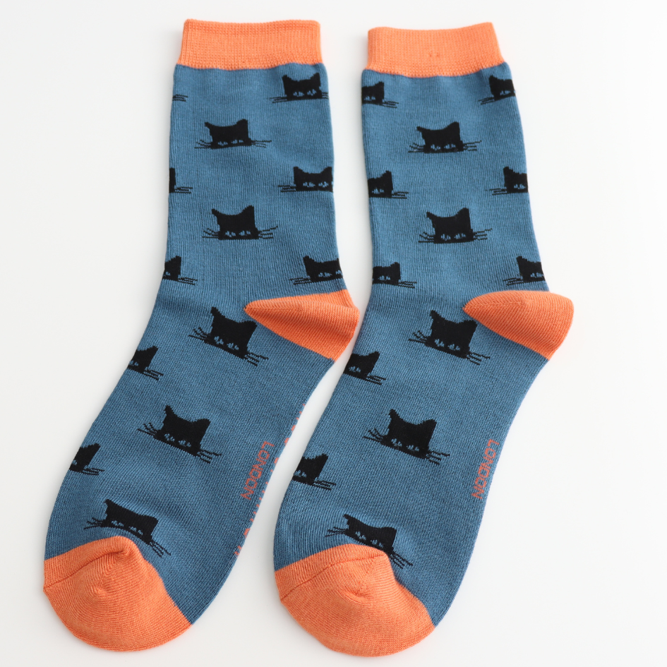 Blue Peeking Cats Bamboo Socks