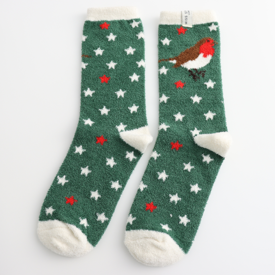 Festive Robin Fluffy Socks