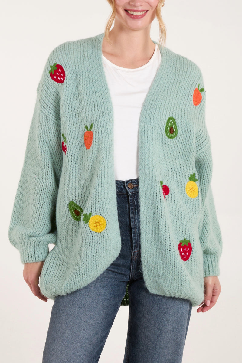 Embroidered Fruit Knit Wool Blend Cardigan