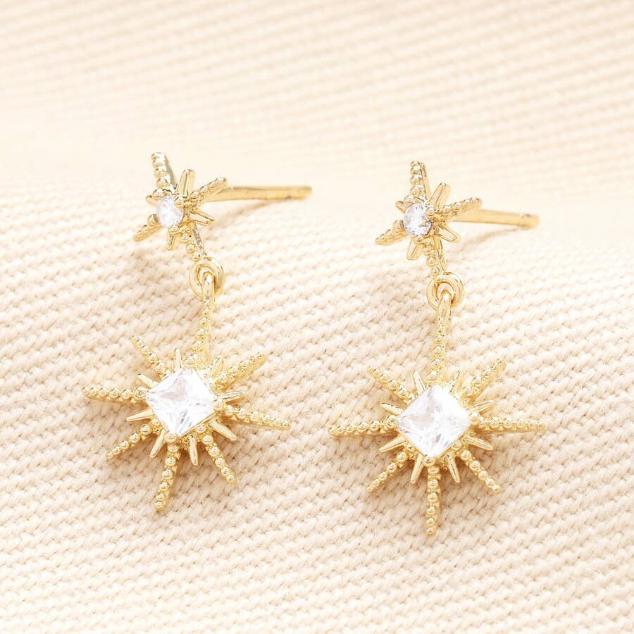 Crystal Double Star Drop Earrings in Gold