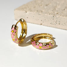 Load image into Gallery viewer, Pink Enamel Flower Huggie Hoop Earrings
