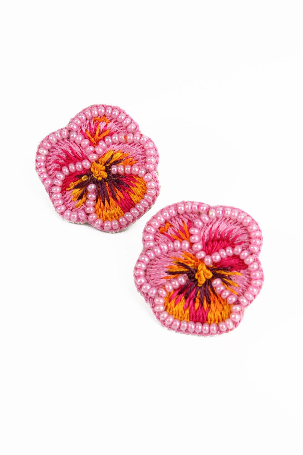 Pink Pansy Beaded Stud Earrings