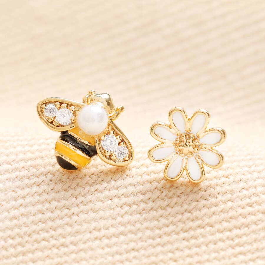 Gold Asymmetrical Bee and Flower Stud Earrings