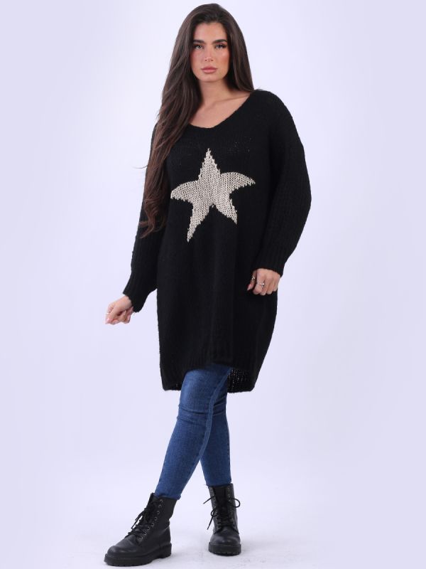 Black Oversized Wool Blend Knitted Sweater with Star