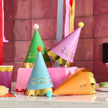Load image into Gallery viewer, Pack of 8 Bright Party Hats with Pom Poms
