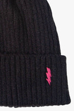 Load image into Gallery viewer, Black Rib Knit Hat with Embroidered Fuchsia Lightning Bolt
