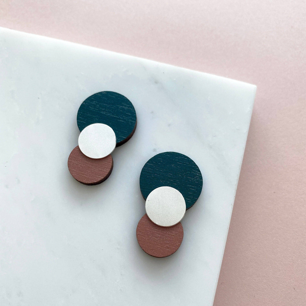Silver Teal & Pink Circle Stud Earrings