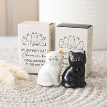 Load image into Gallery viewer, White &amp; Black Ceramic Lucky Cat Charms in a Box
