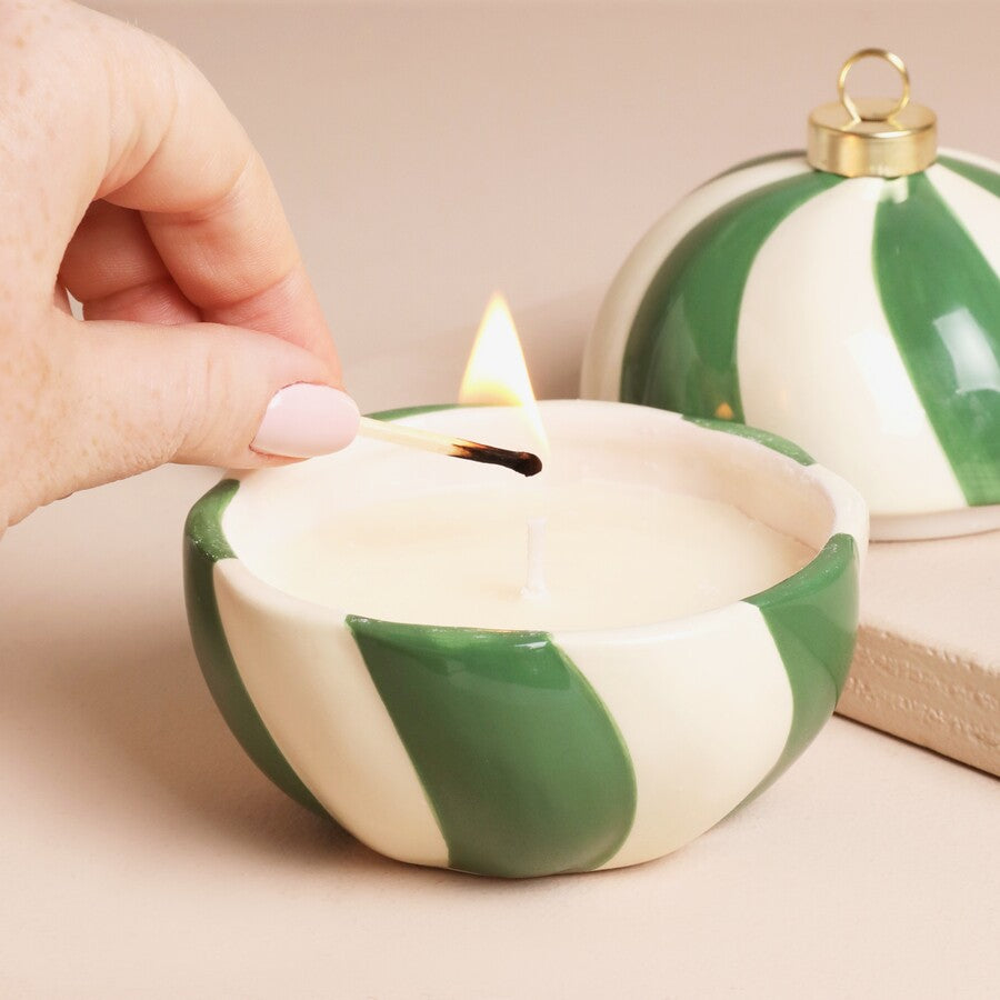 Green Candy Cane Stripe Winter Spice Scented Bauble Candle