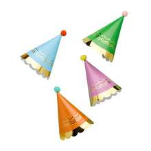 Load image into Gallery viewer, Pack of 8 Bright Party Hats with Pom Poms
