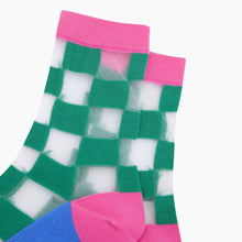 Load image into Gallery viewer, Square Checkerboard Combed Cotton Sheer Pop Socks in Green
