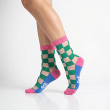 Load image into Gallery viewer, Square Checkerboard Combed Cotton Sheer Pop Socks in Green
