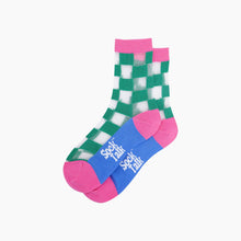Load image into Gallery viewer, Square Checkerboard Combed Cotton Sheer Pop Socks in Green
