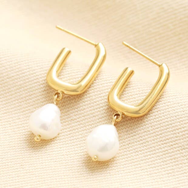 Gold Rectangular Earrings With Pearl Drop