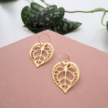 Load image into Gallery viewer, Gold Anthurium Plant Hoop Earrings
