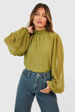 Load image into Gallery viewer, Olive Dobby High Neck Blouse
