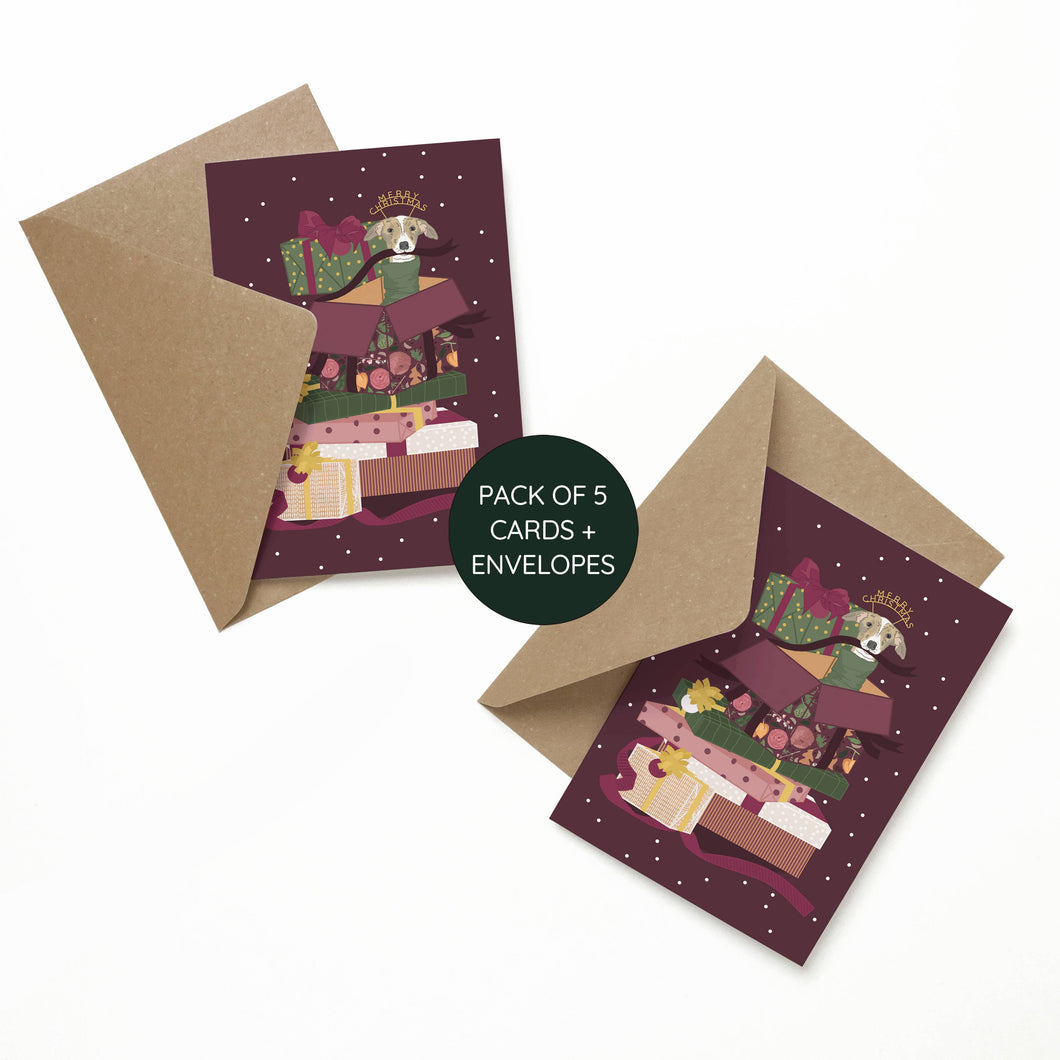 Whippet Dog In Presents Set of 5 Christmas Cards