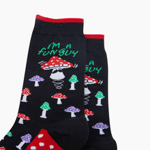 Load image into Gallery viewer, Fun Guy Mushroom Combed Cotton Novelty Socks in Black
