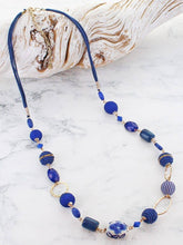 Load image into Gallery viewer, Blue Beaded Necklace with Beaten Rings
