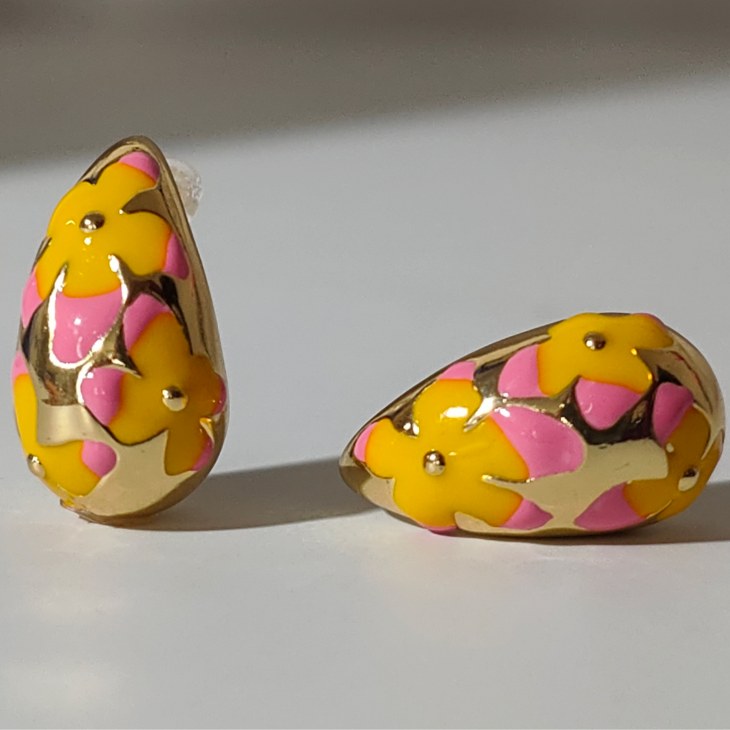 Pink & Yellow Jasmine Flower Teardrop Earrings