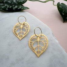 Load image into Gallery viewer, Gold Anthurium Plant Hoop Earrings
