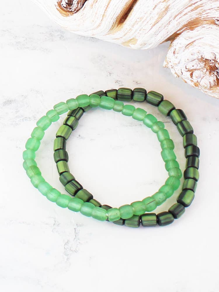 Set of 2 Elasticated Green Glass Bead Bracelets