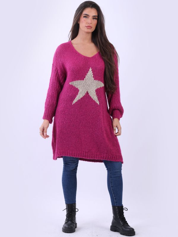 Fuchsia Oversized Wool Blend Knitted Sweater with Star