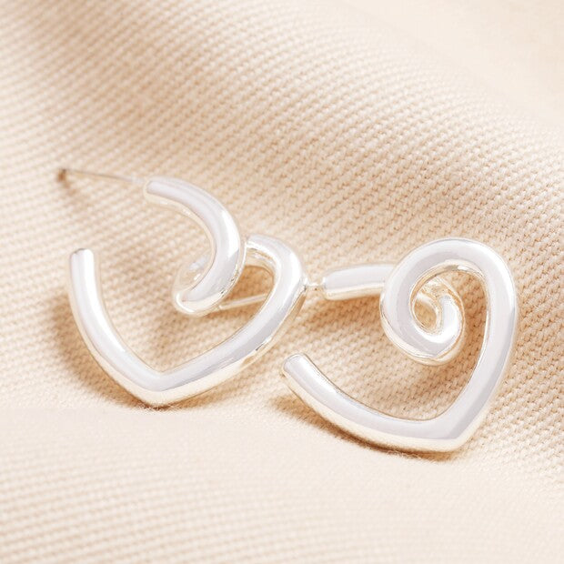 Silver Scribble Heart Hoop Earrings