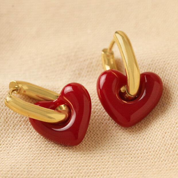 Red Resin Heart Huggie Hoop Earrings