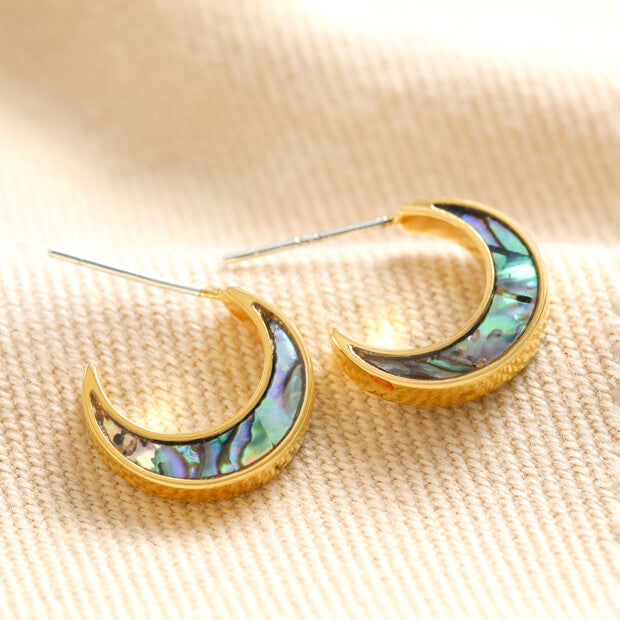 Blue Shell Crescent Moon Hoop Earrings