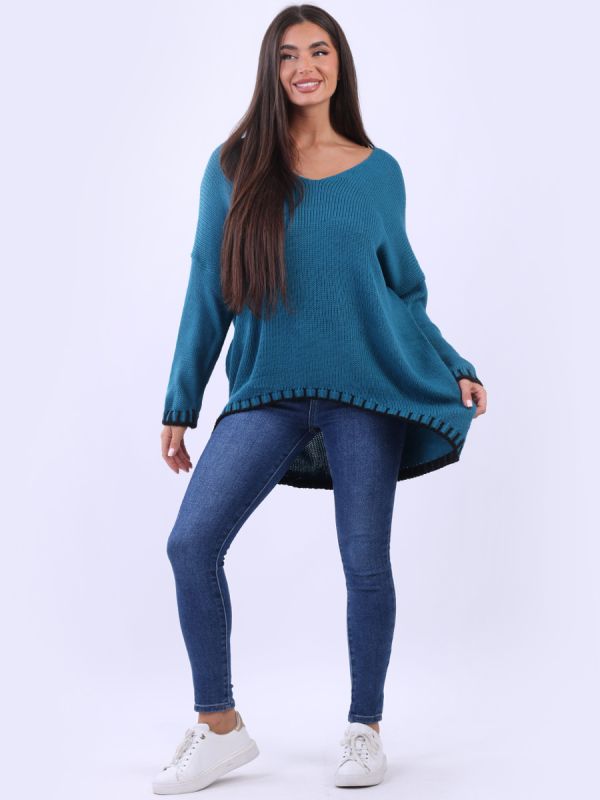 Teal Wool Mix Blanket Stitch Sweater