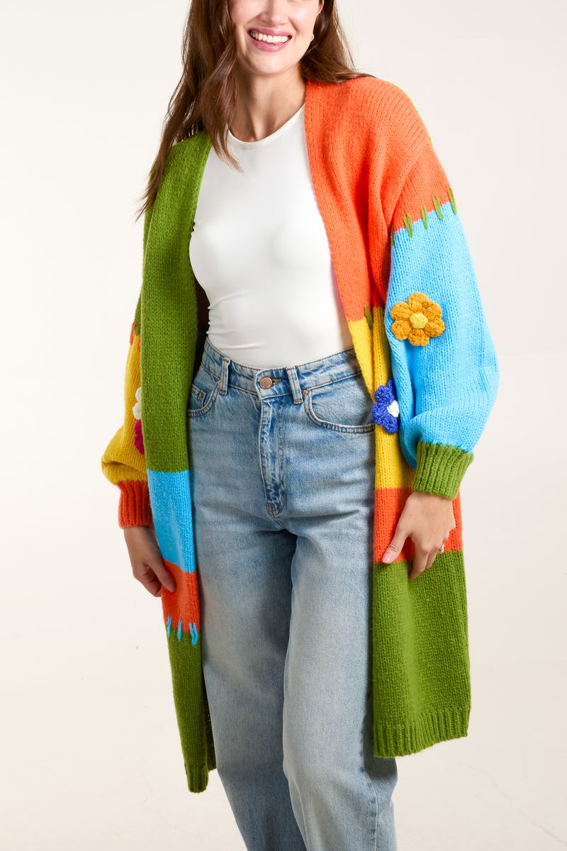 Colourblock Flower Detail Longline Cardigan