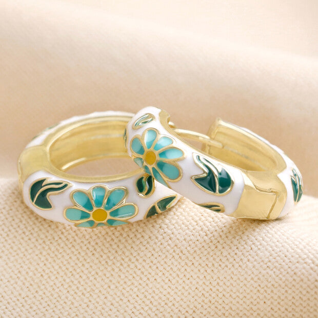 White Cloisonné Hoop Earrings