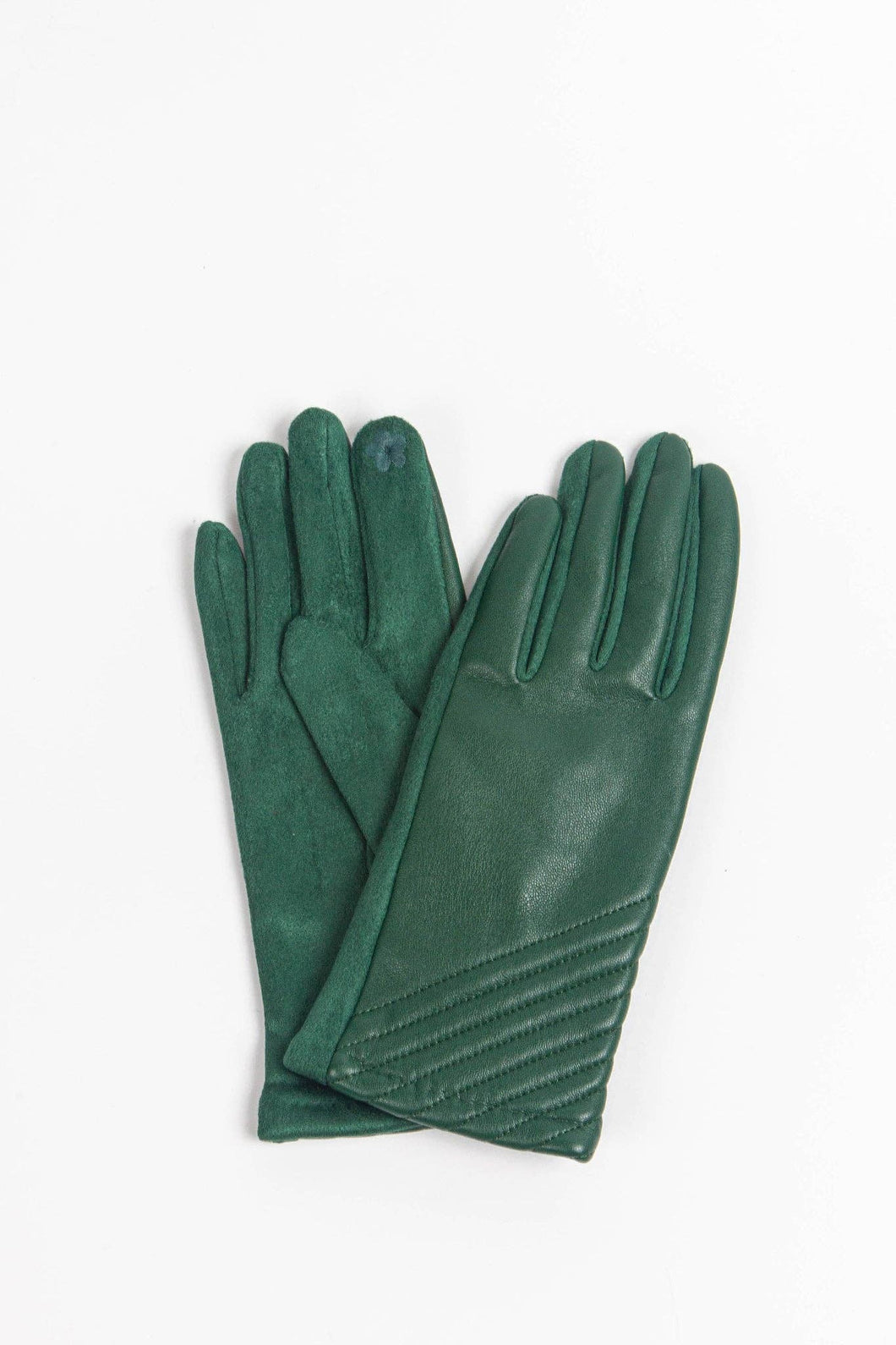 Green Faux Leather Diagonal Stitch Detail Gloves