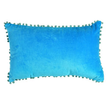 Load image into Gallery viewer, Blue Velvet Pom Pom Cushion
