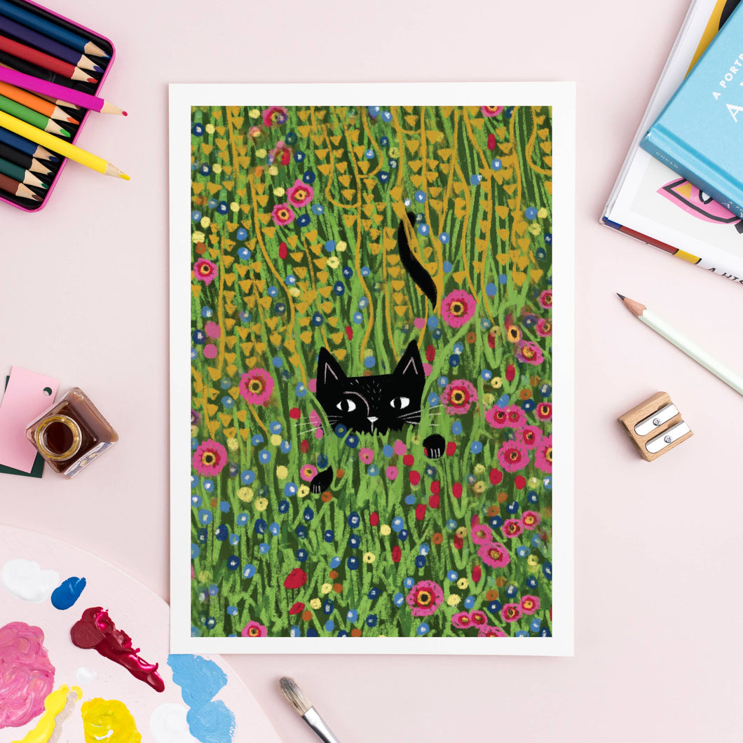 Cat Hiding In A Klimt Garden Print