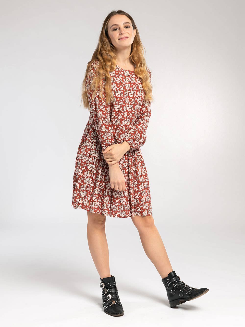 Tiered Mini Smock Dress in Rust White Floral