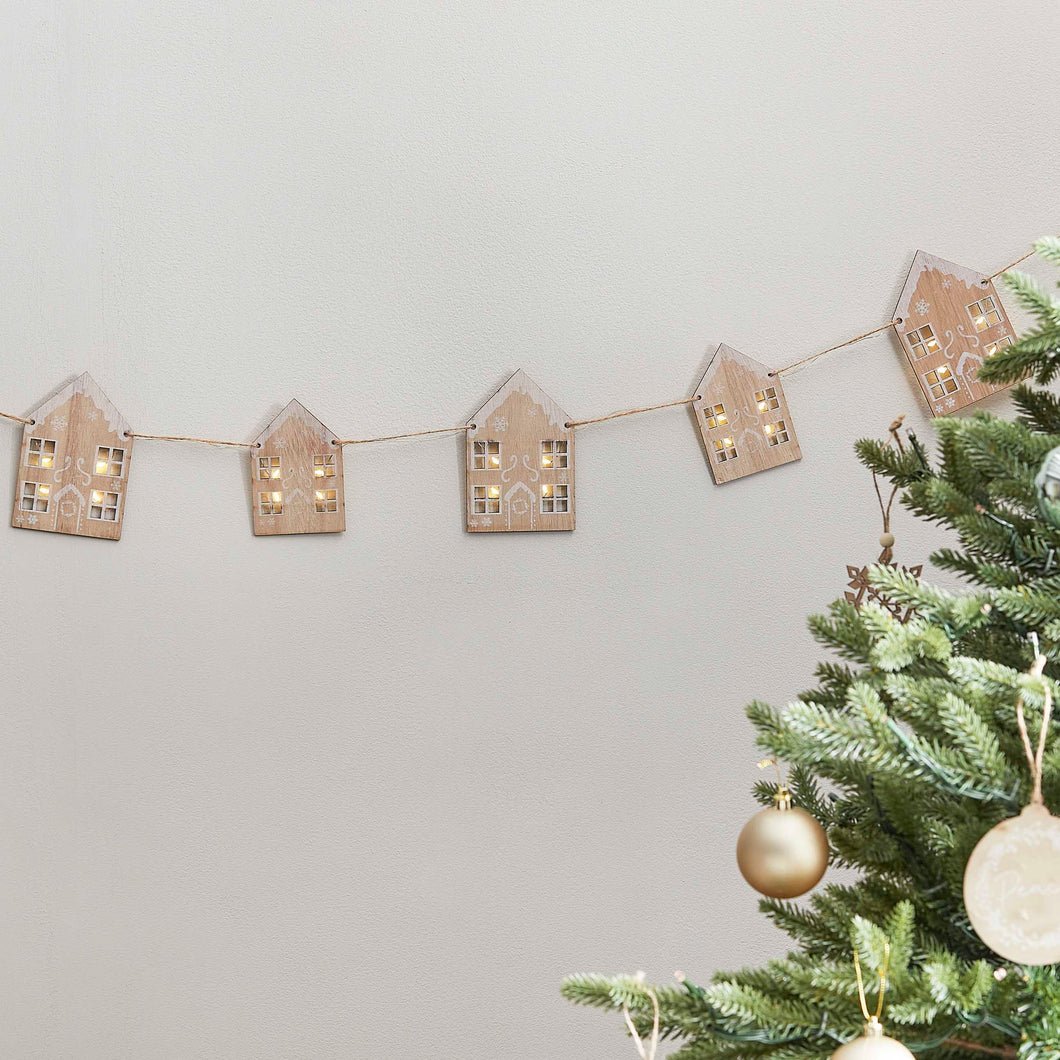 Wooden Gingerbread House Christmas Bunting with Light Up Windows