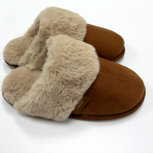 Load image into Gallery viewer, Tan Micro Suede Faux Fur Mule Slippers
