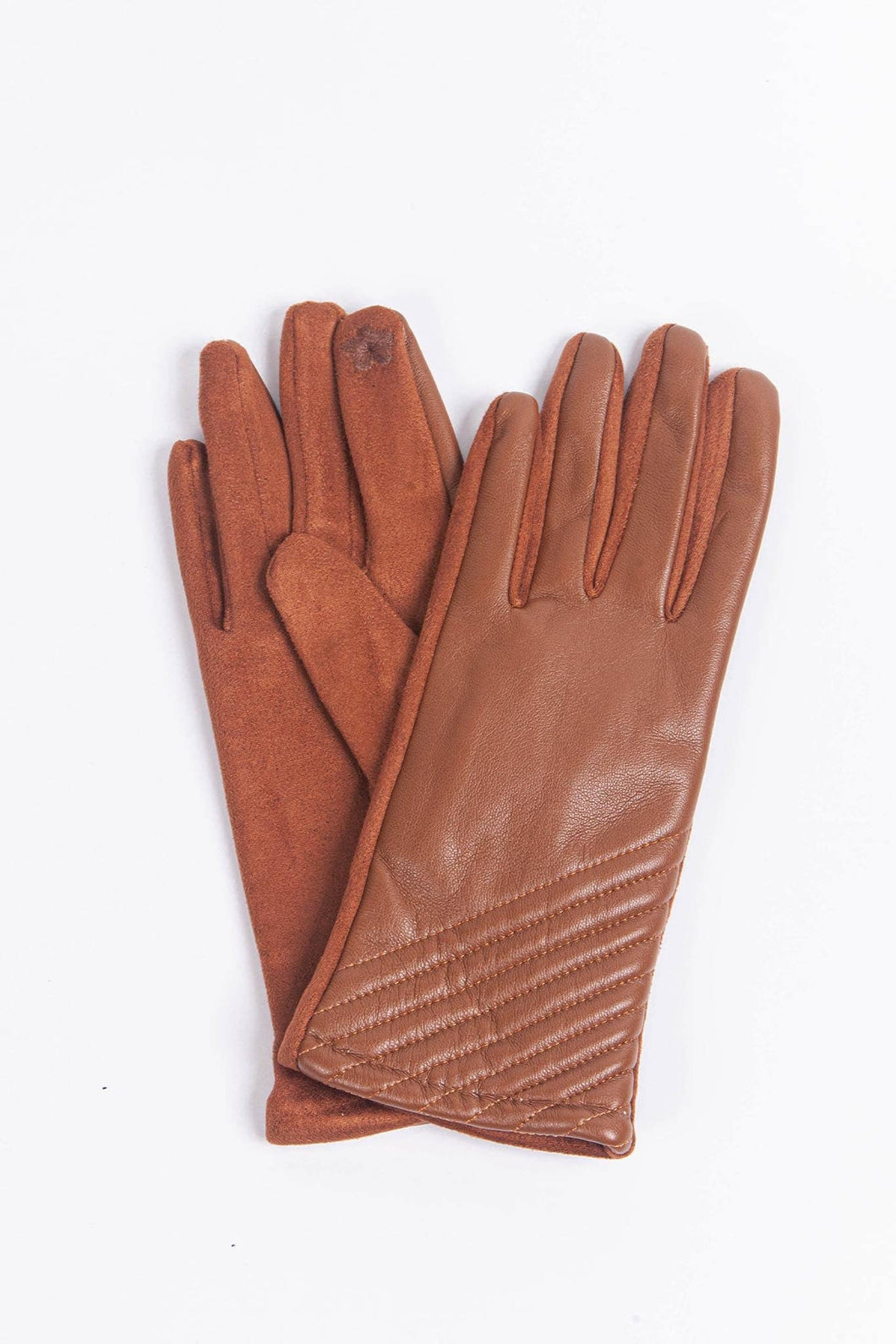 Tan Faux Leather Diagonal Stitch Detail Gloves