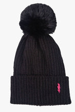 Load image into Gallery viewer, Black Rib Knit Hat with Embroidered Fuchsia Lightning Bolt
