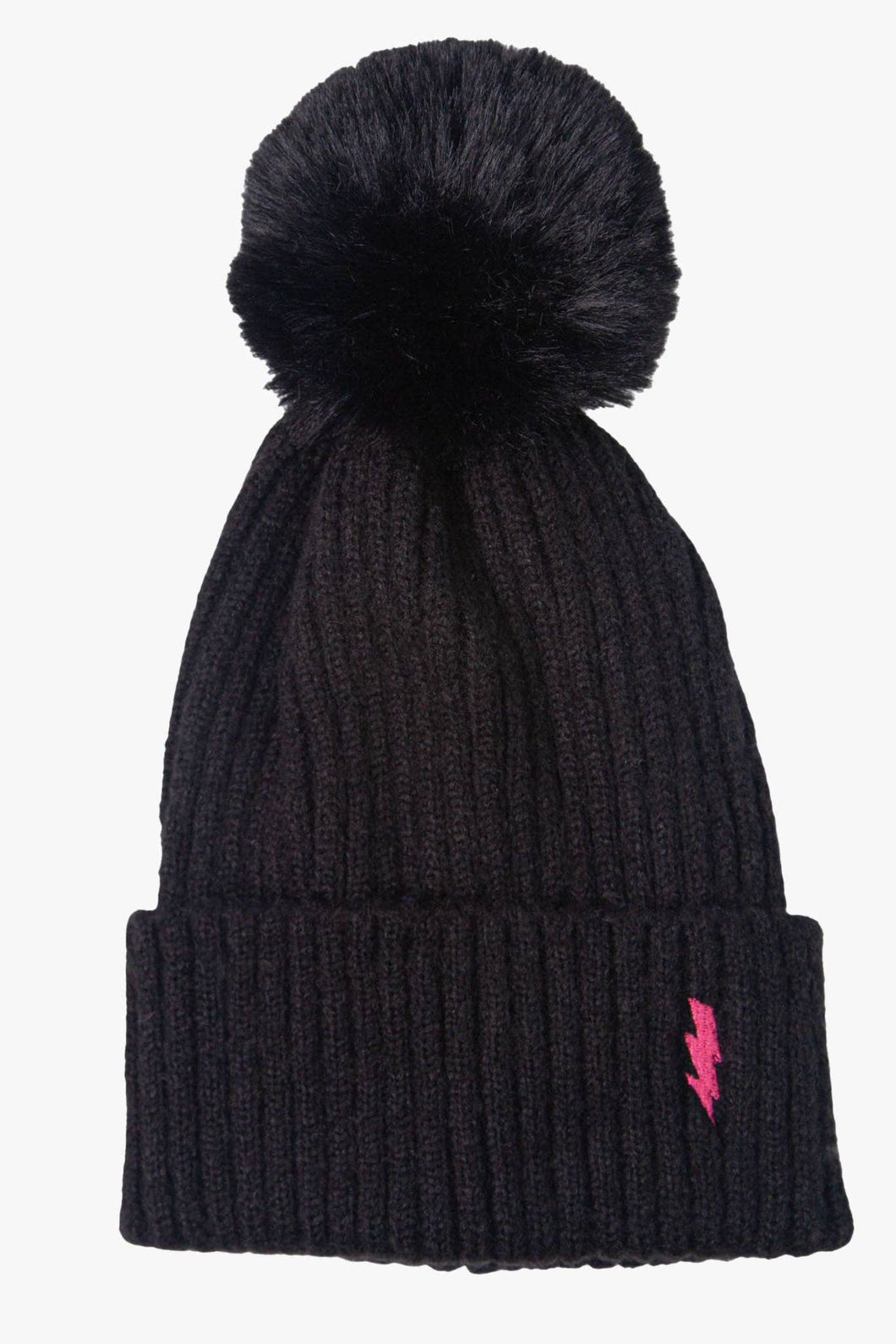 Black Rib Knit Hat with Embroidered Fuchsia Lightning Bolt