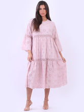 Load image into Gallery viewer, Pale Pink Cotton Broderie Tiered Midi Dress
